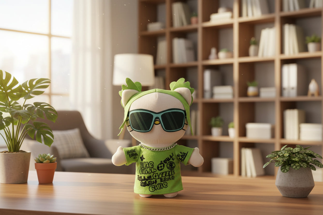 Billie Eilish collectible plush with iconic green roots hairstyle.