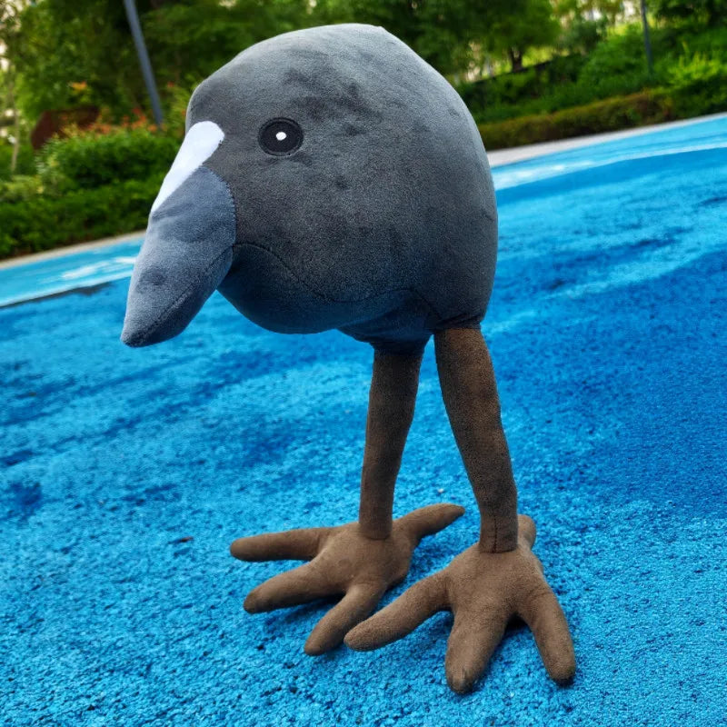 Bird meme plushie side view showing fluffy body and oversized feet detail