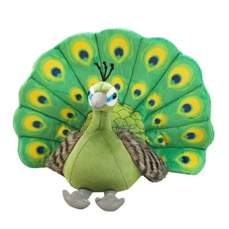 Bird plush toy blue peacock front view on white background