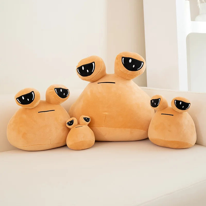 Black Sad Pou plushie in dark colorway displaying bold moody aesthetic, front view