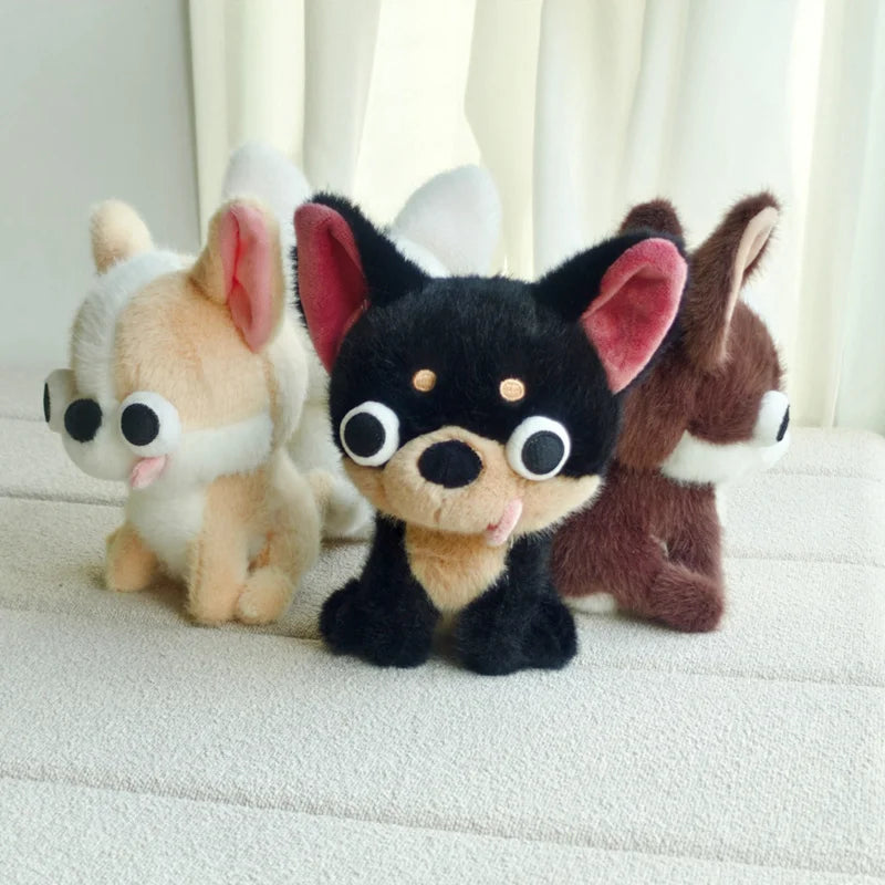 Black and brown chihuahua plush toy exaggerated googly eyes close-up