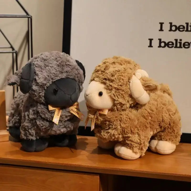 Black kawaii sheep plush toy displayed on a pastel shelf