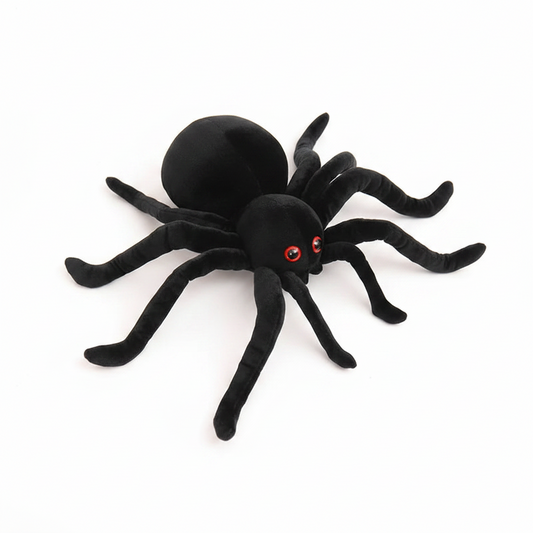 Black spider plush toy inspired by the Australian Black House Spider Badumna insignis