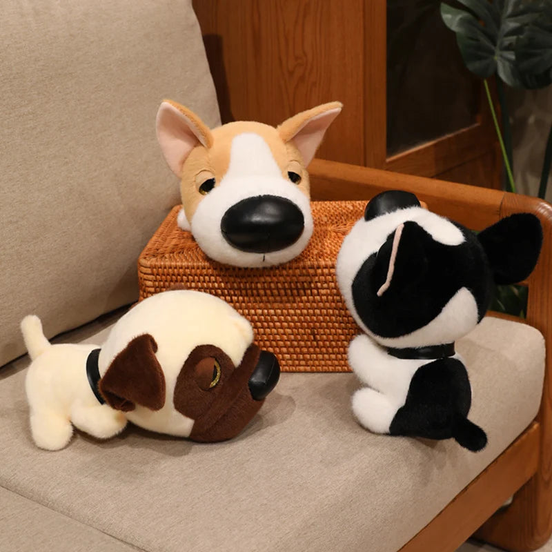 Black white sheepdog plush toy with oversized cartoon head front view