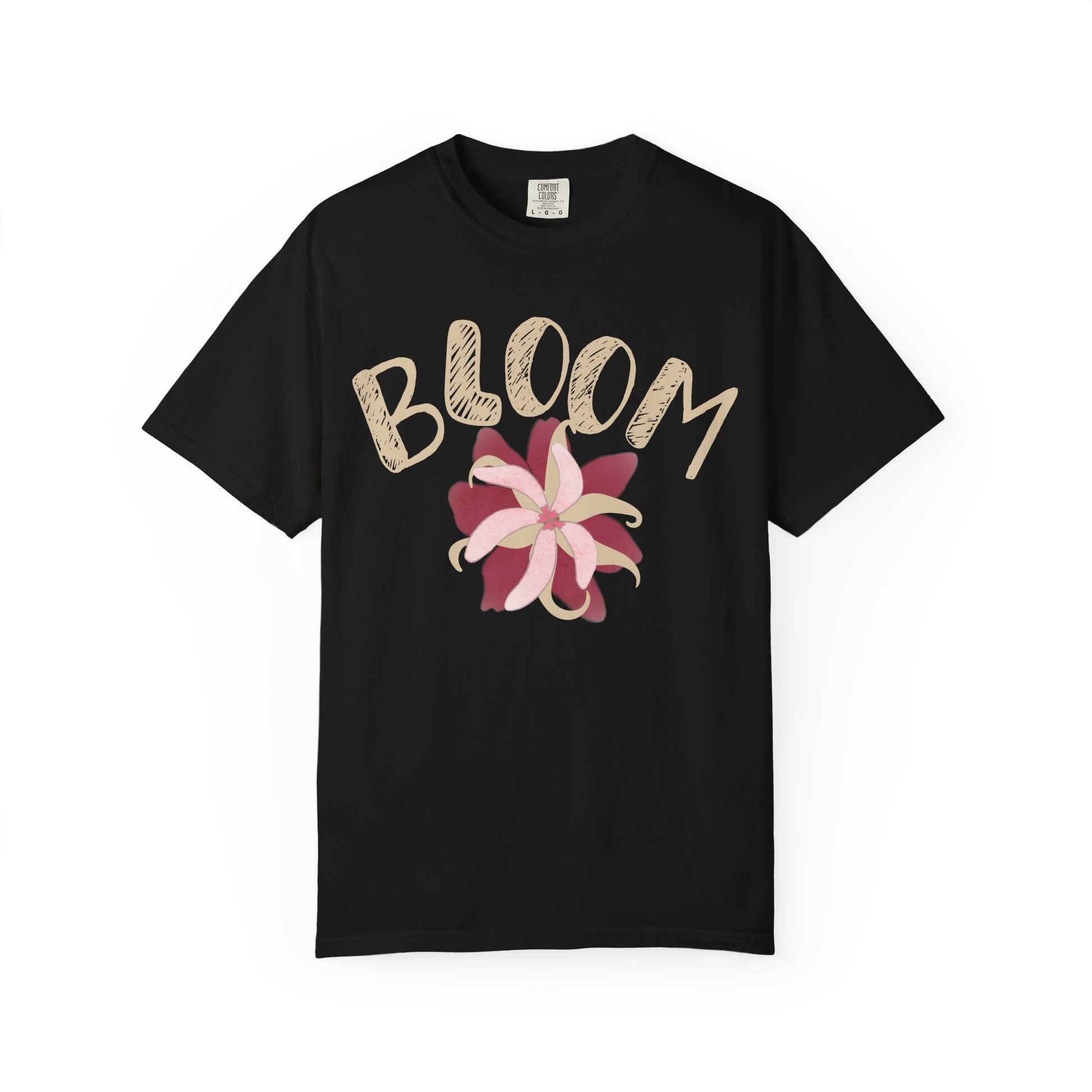 Bloom floral t-shirt front view with retro pink blossom graphic on garment-dyed dusty rose tee