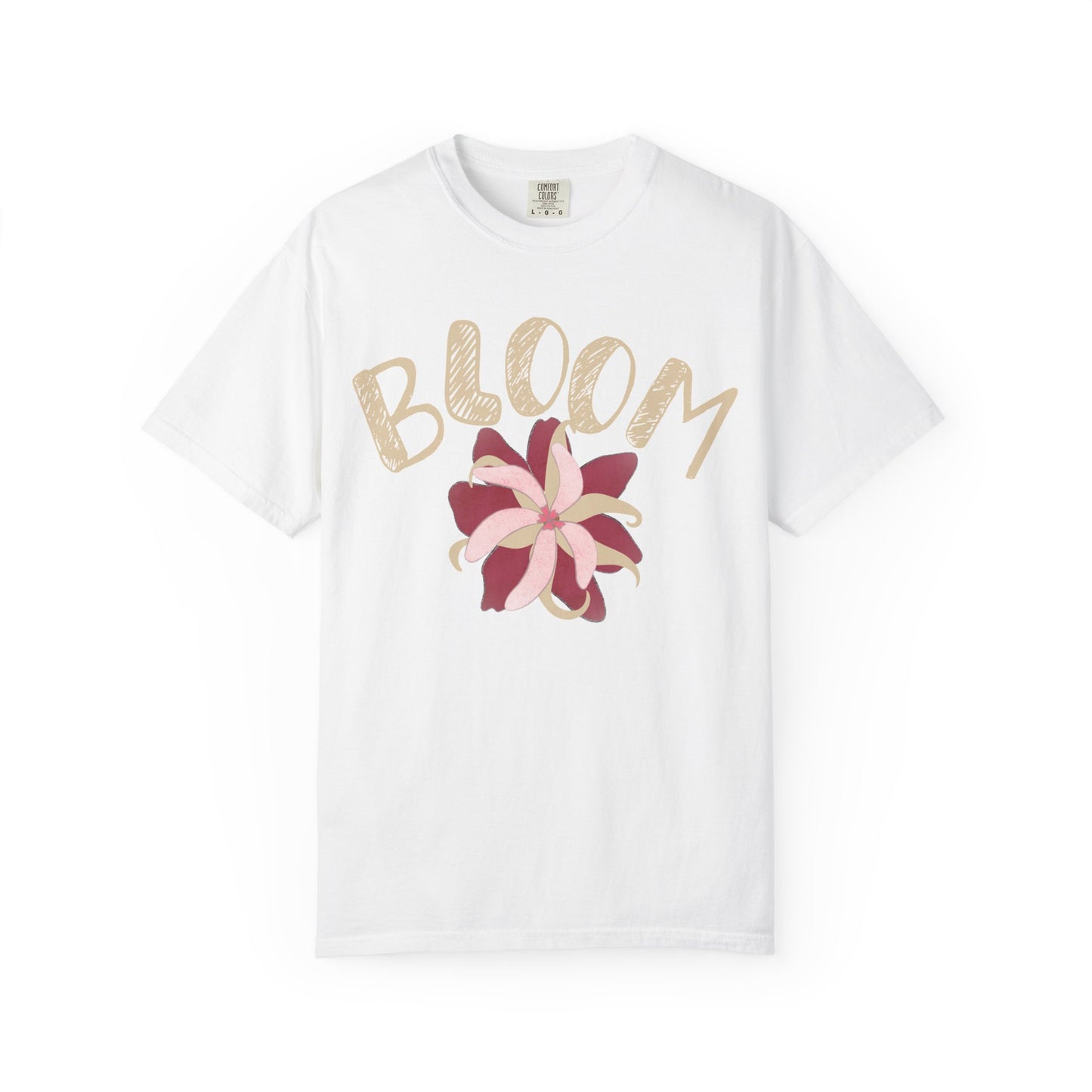 Bloom printed unisex tee flat lay on white background, Comfort Colors 1717 heavyweight cotton