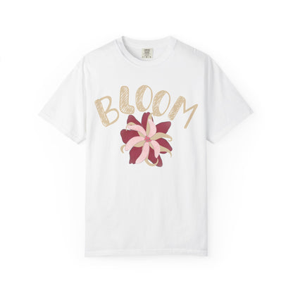 Bloom printed unisex tee flat lay on white background, Comfort Colors 1717 heavyweight cotton