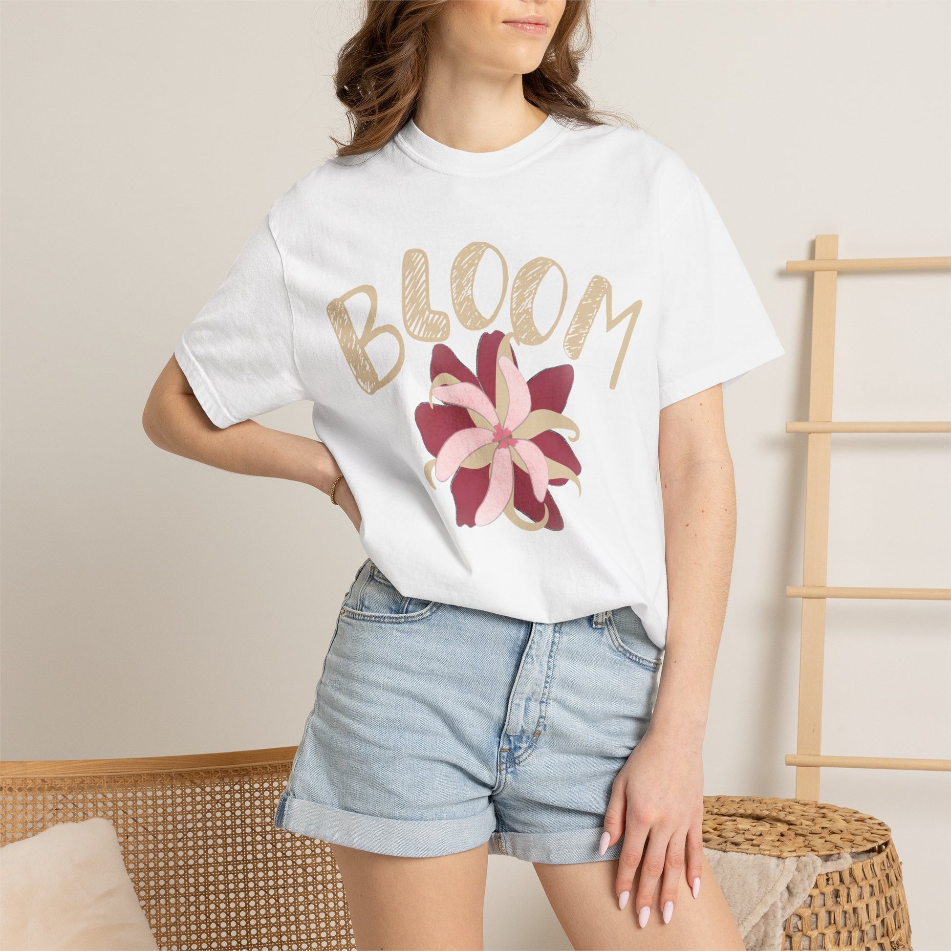Bloom printed unisex tee size comparison flat lay from S to 3XL, Designed by Aprasi