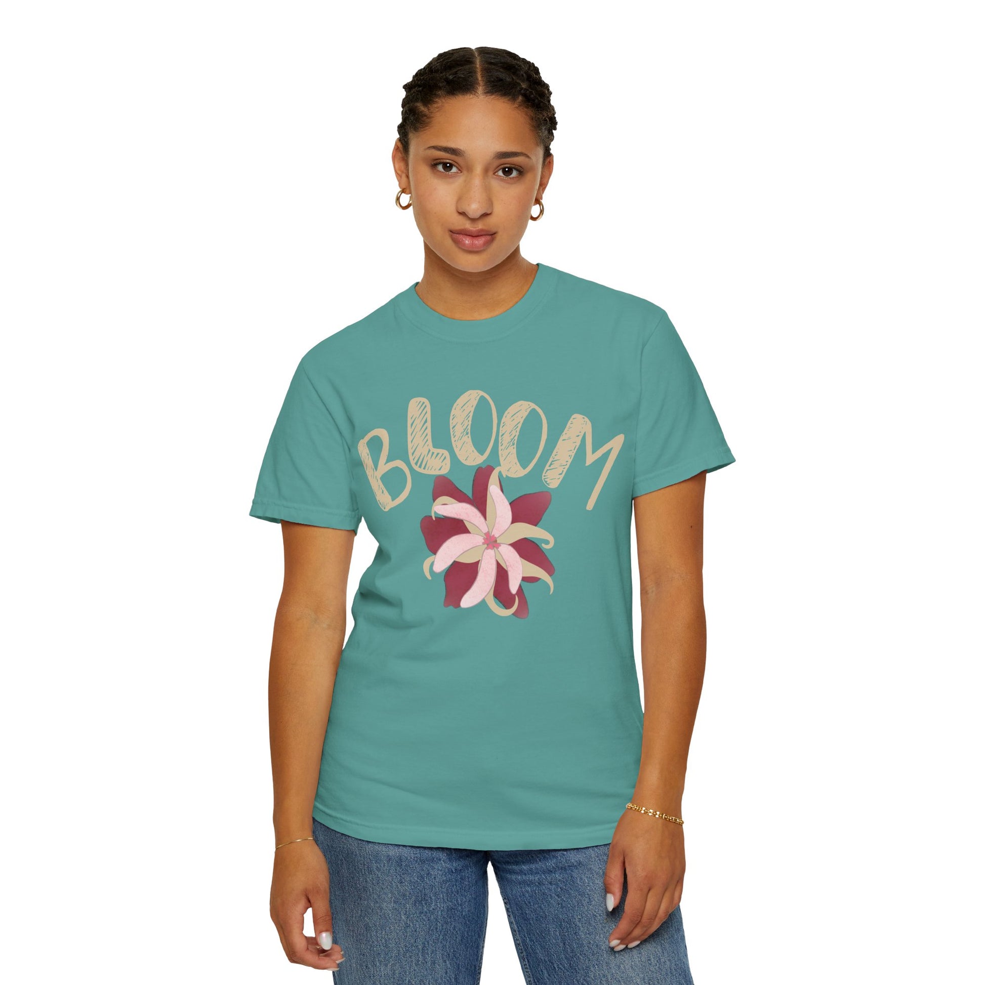 Bloom tee styled with overalls and lace-up boots, autumn cottagecore outfit flat lay