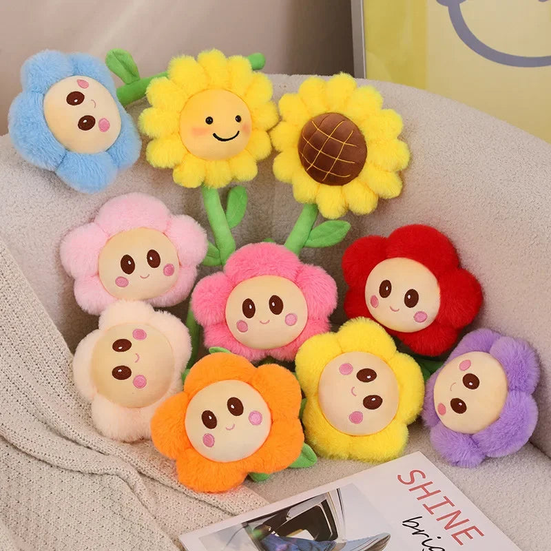 Blue flower plushie with embroidered smiley face kawaii style
