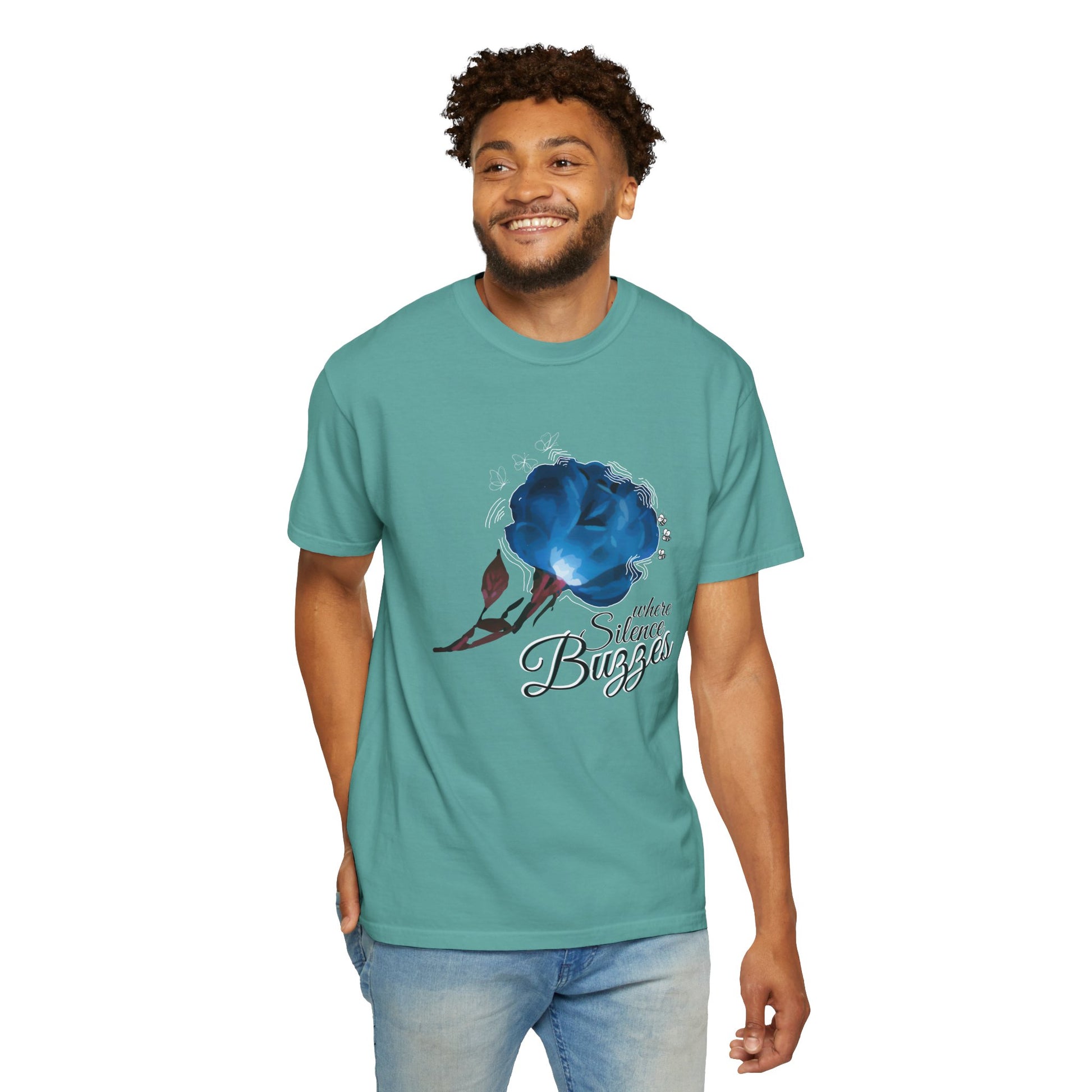 Blue flower tee bee and butterfly graphic heavyweight cotton back view