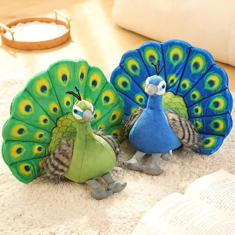 Blue peacock stuffed animal posed in upright courtship display