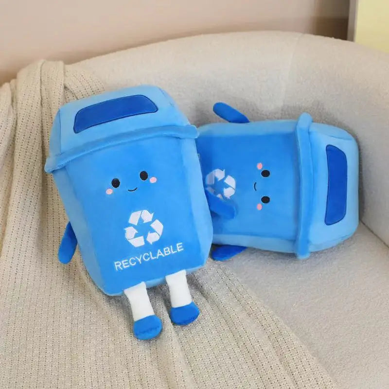 Blue recycle bin plushie 30cm size comparison held in hand