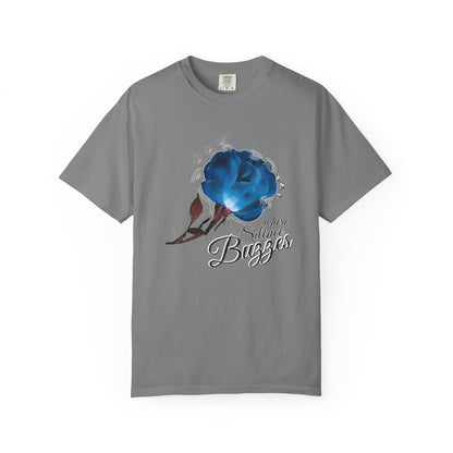 Blue rose where silence buzzes floral design printed unisex tee on Comfort Colors garment dyed t-shirt