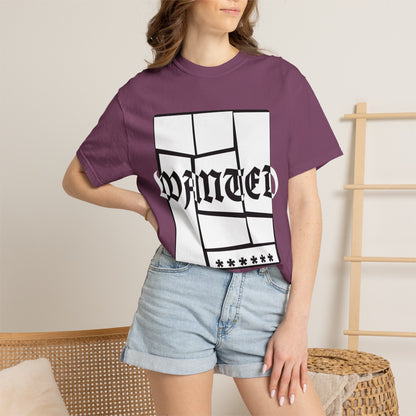 Bold WANTED graphic streetwear tee with shattered frame and glitch lettering