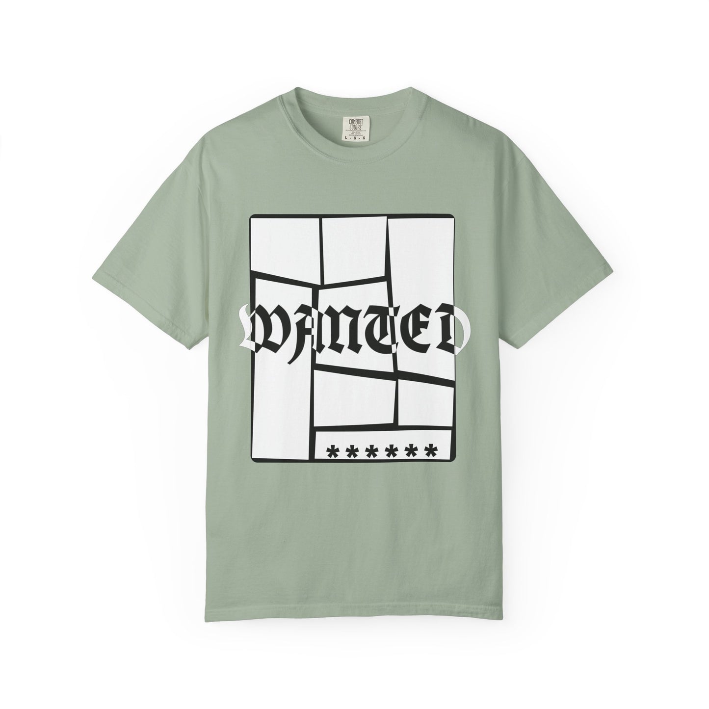Bold WANTED print tee with shattered block framing on navy base
