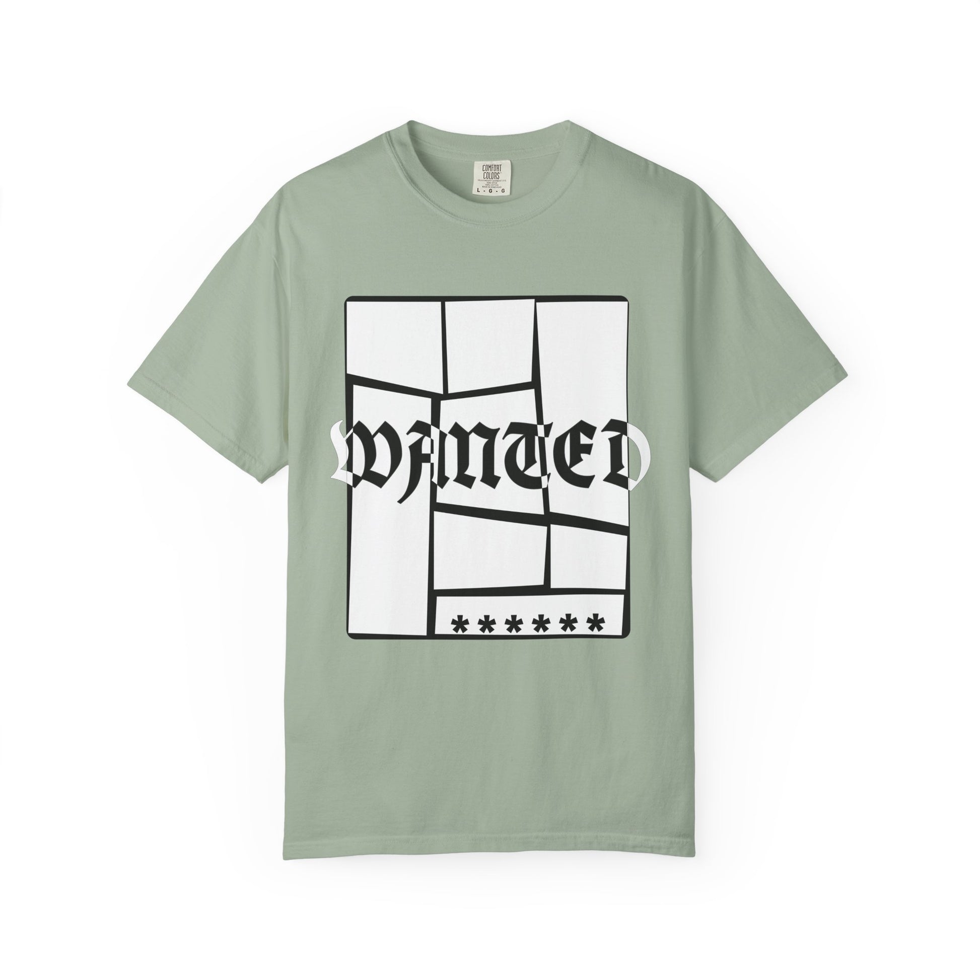 Bold WANTED print tee with shattered block framing on navy base