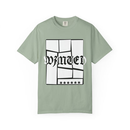 Bold WANTED print tee with shattered block framing on navy base