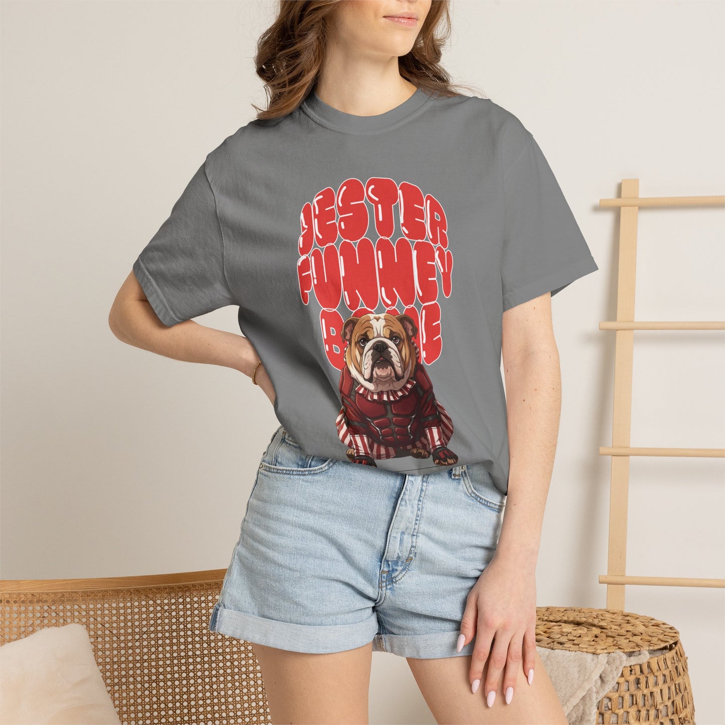 Bold, chunky lettering printed on a garment-dyed heavyweight cotton t-shirt.
