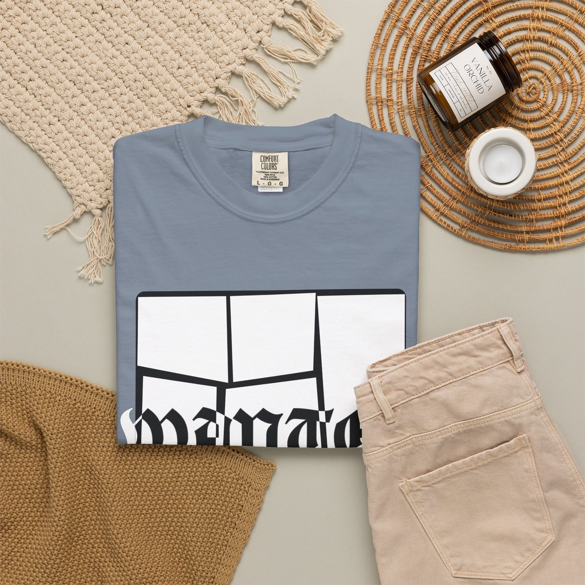 Bold fractured WANTED graphic tee with vintage dyed navy finish