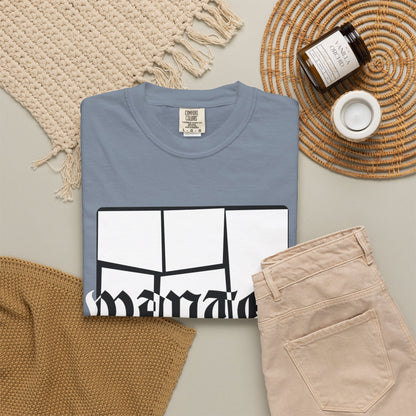 Bold fractured WANTED graphic tee with vintage dyed navy finish