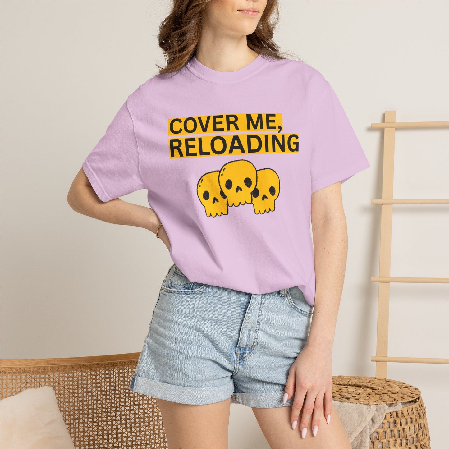 Bold skull gaming shirt cover me reloading phrase back view garment dyed cotton