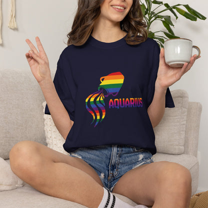 Bold zodiac graphic tee featuring Aquarius in rainbow colors