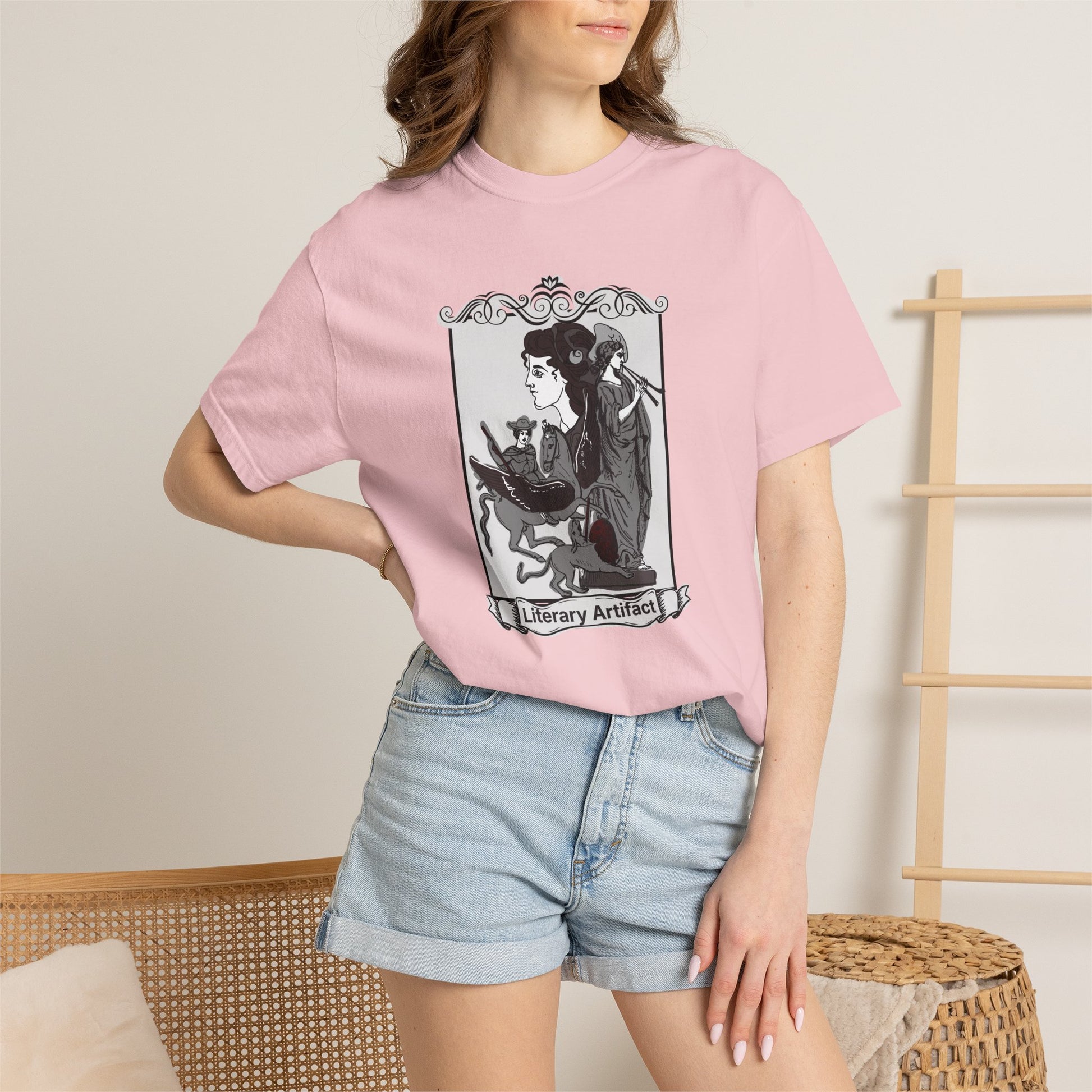 Book nerd shirt outfit inspiration with the Literary Artifact tee paired with earth tone accessories and a canvas tote