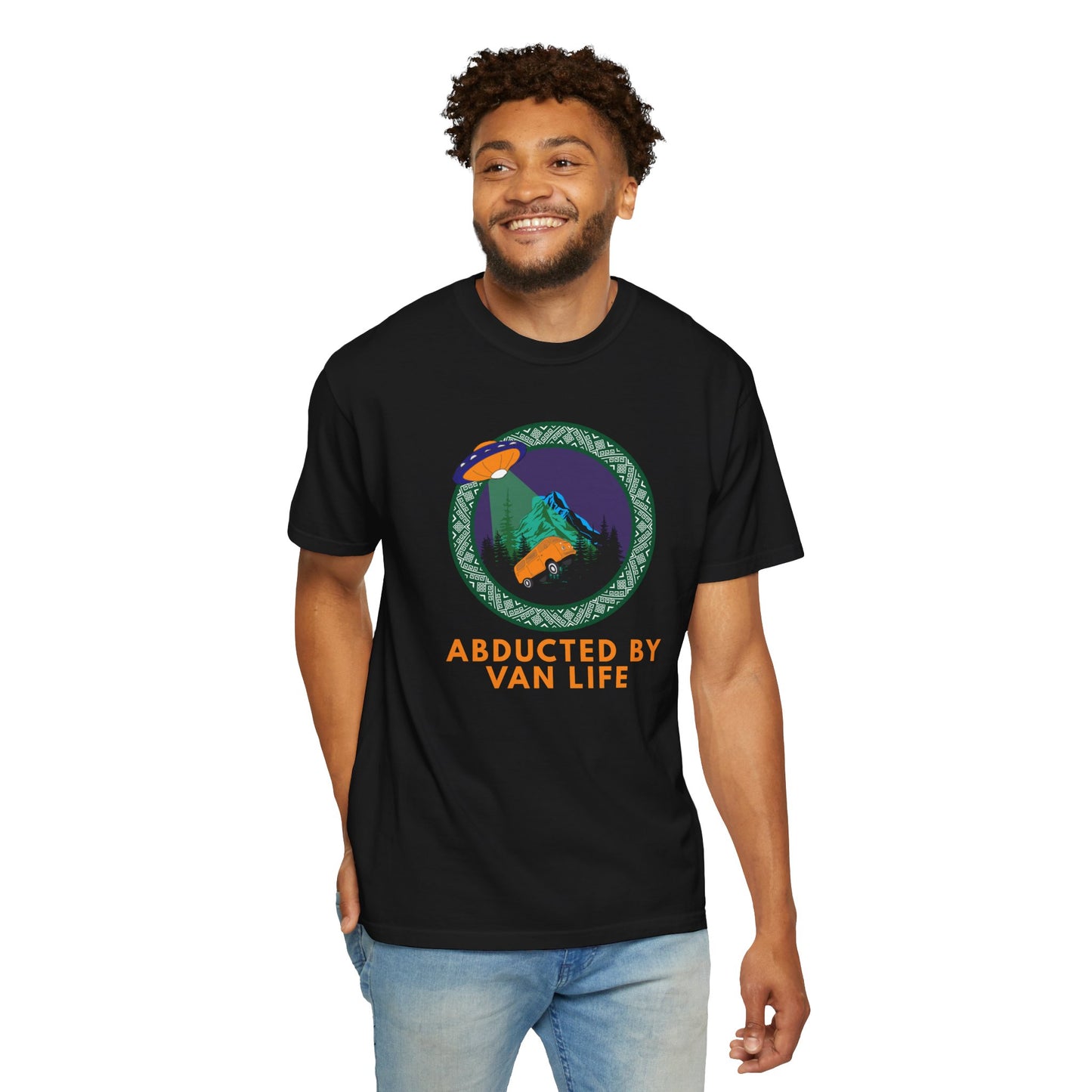 Boondocking and overlanding adventure tee with alien camper van abduction design