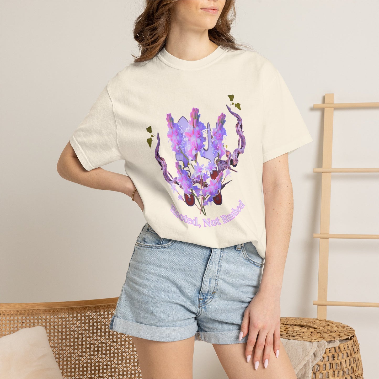 Botanical affirmation tee in soft lavender tones front-facing lifestyle shot