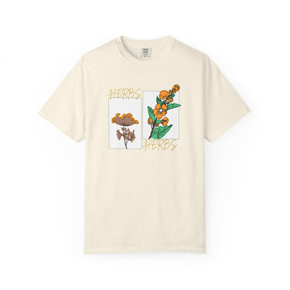 Botanical herb t-shirt with flowering medicinal plants and dried sprigs design
