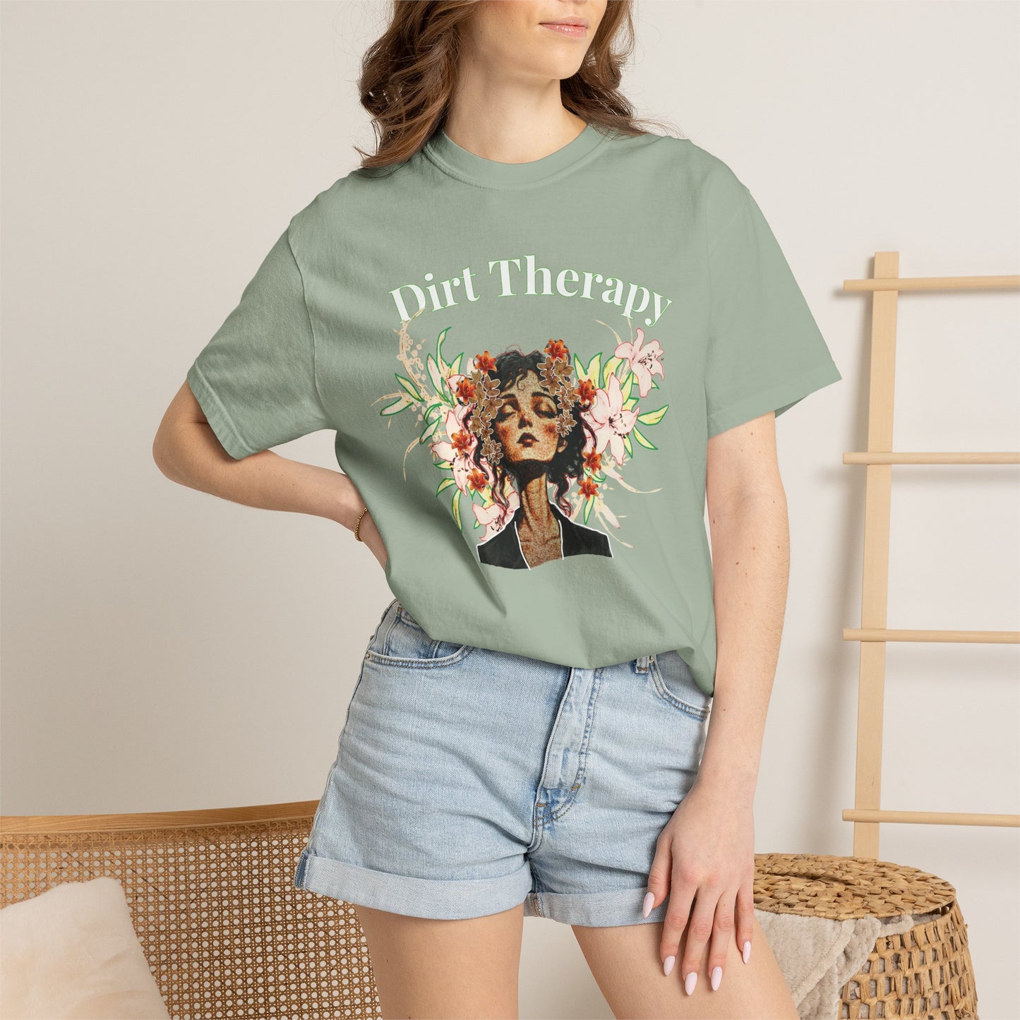 Botanical portrait shirt in multiple color options showing garment dye variation