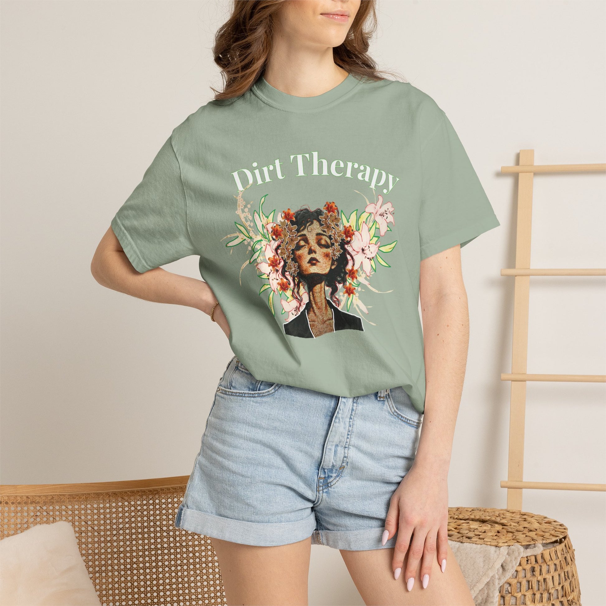 Botanical portrait shirt in multiple color options showing garment dye variation