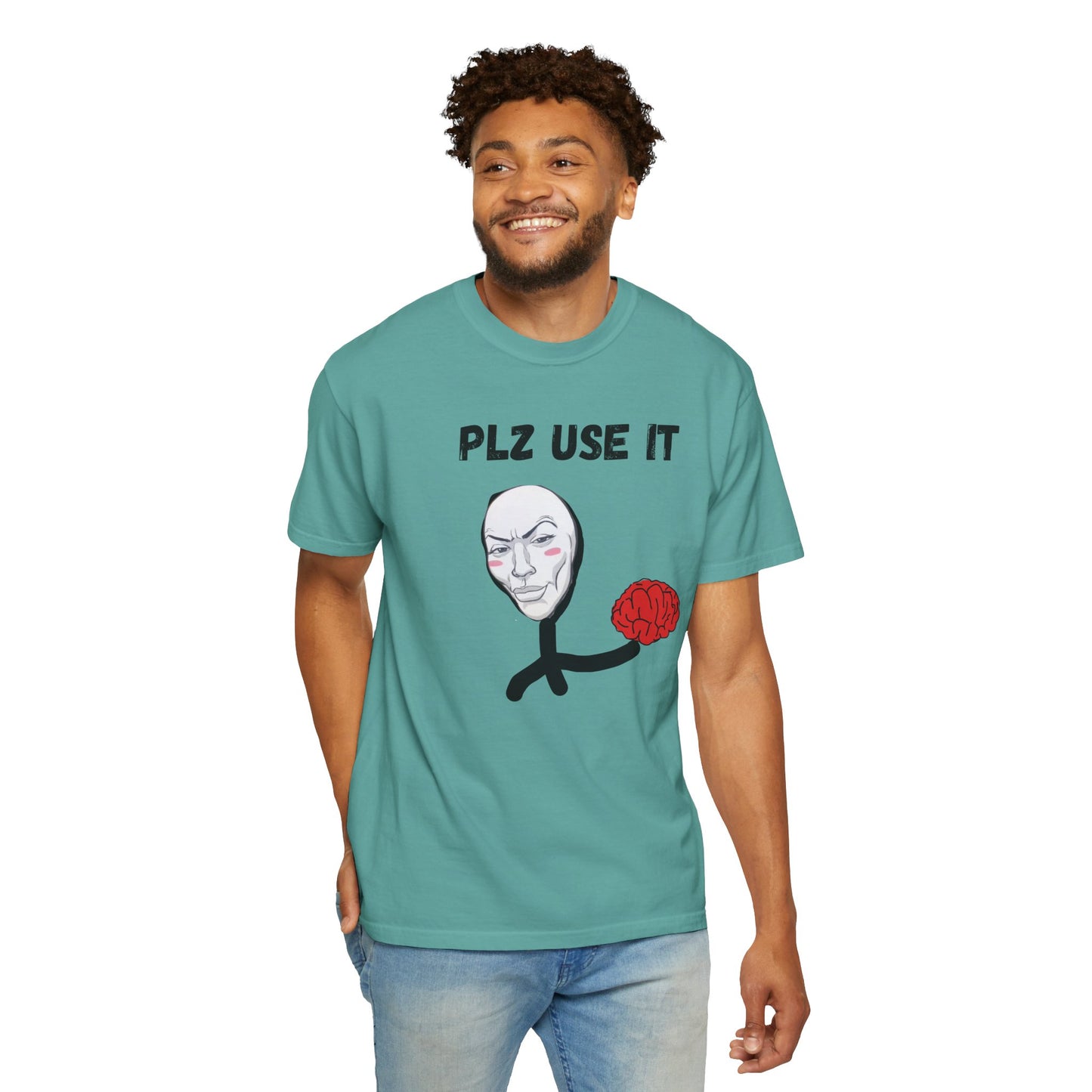 Broken-in feel cotton graphic tee with minimalist brain humor artwork