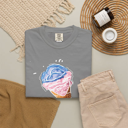 Broken-in feel cotton tee with artistic watercolor ice cream cone graphic