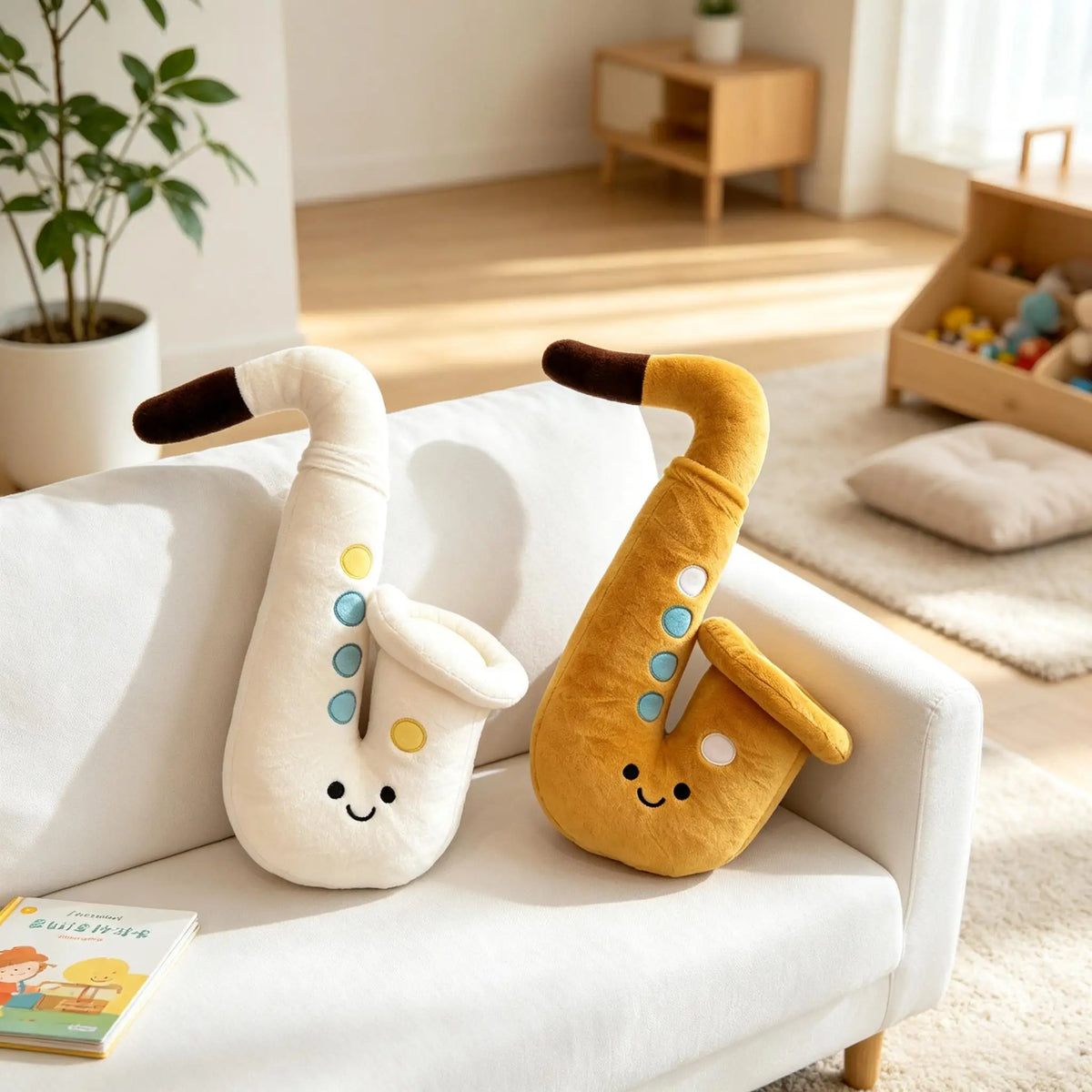 Brown 45cm saxophone stuffed animal on shelf as room decor