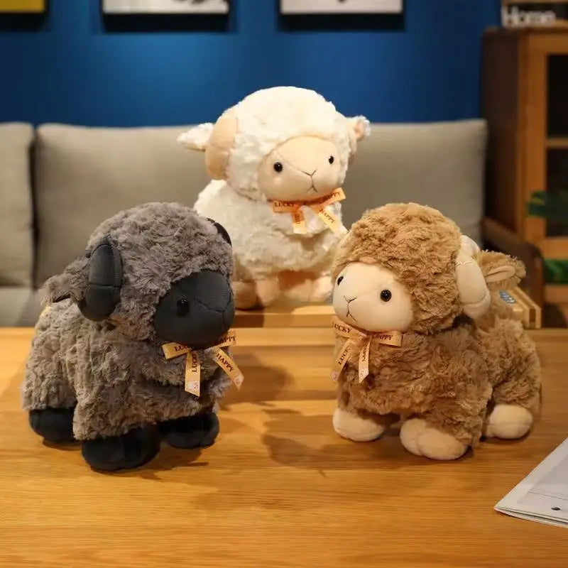 Brown curly wool ram stuffed animal with decorative neck ribbon