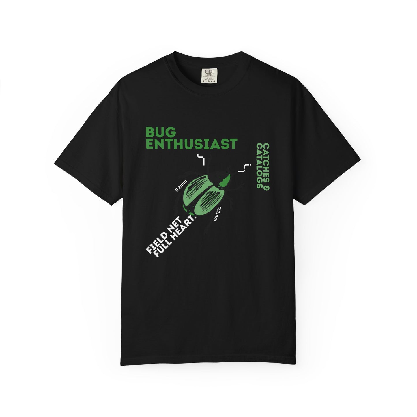 Bug enthusiast tee detail shot showing BUG ENTHUSIAST typography and beetle artwork