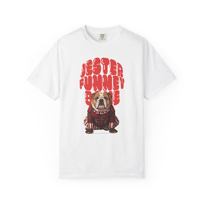 Bulldog Jester graphic t-shirt inspired by viral 2026 jester villain trend.