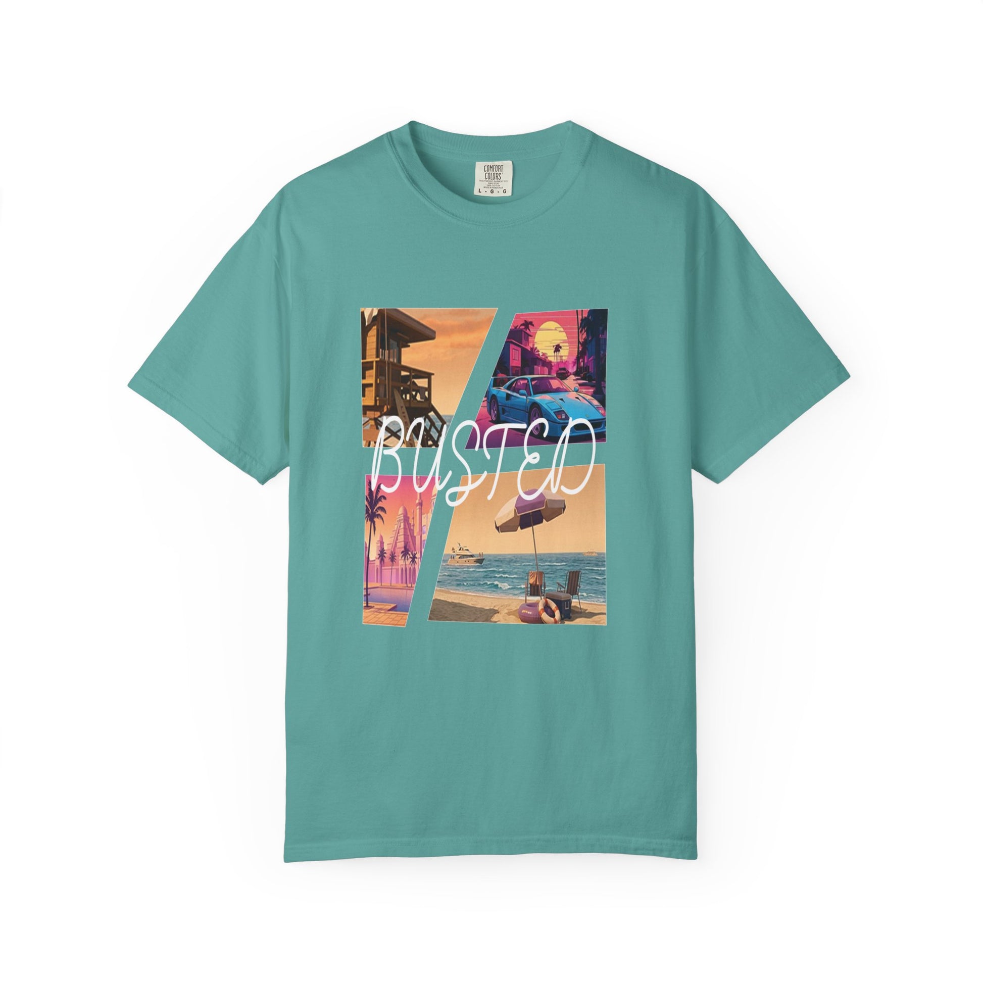 Busted cursive overlay graphic tee with retrowave collage print