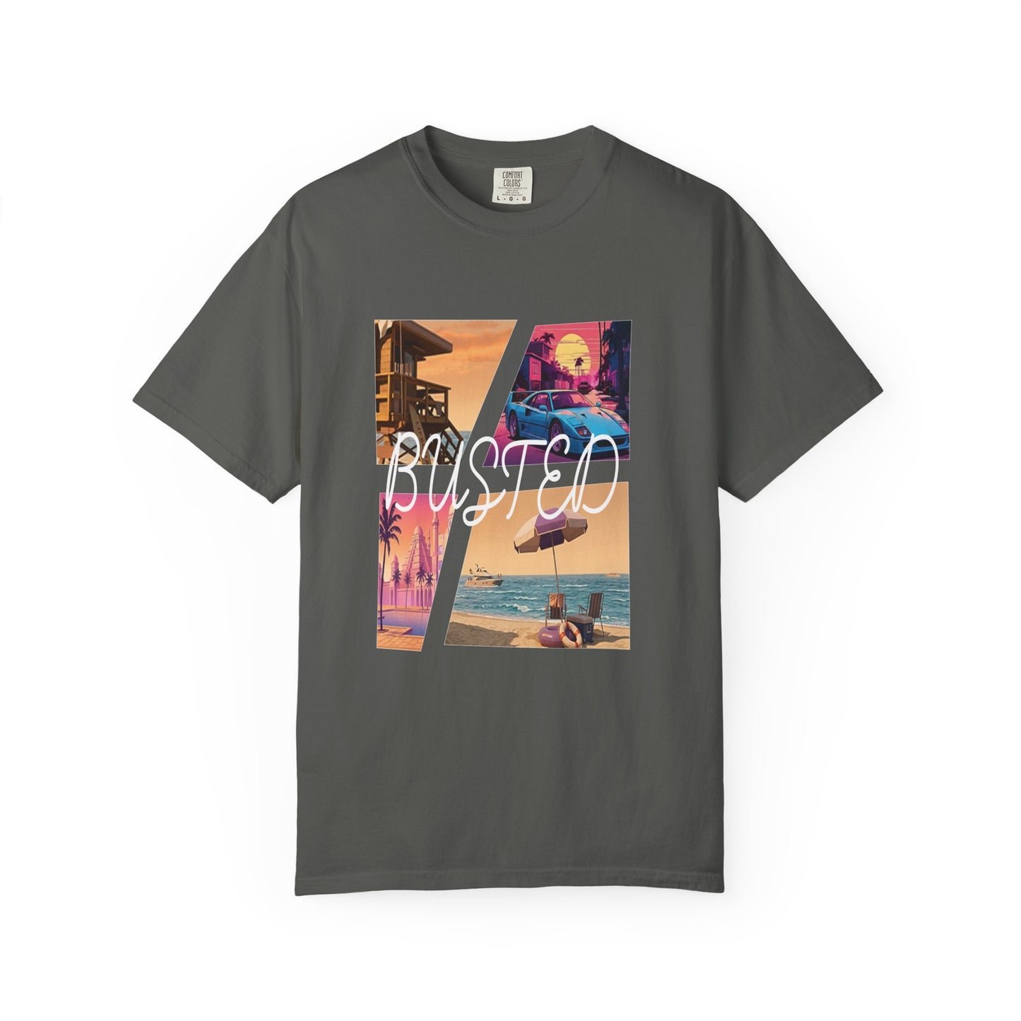 Busted neon beach collage graphic tee in garment dyed cotton