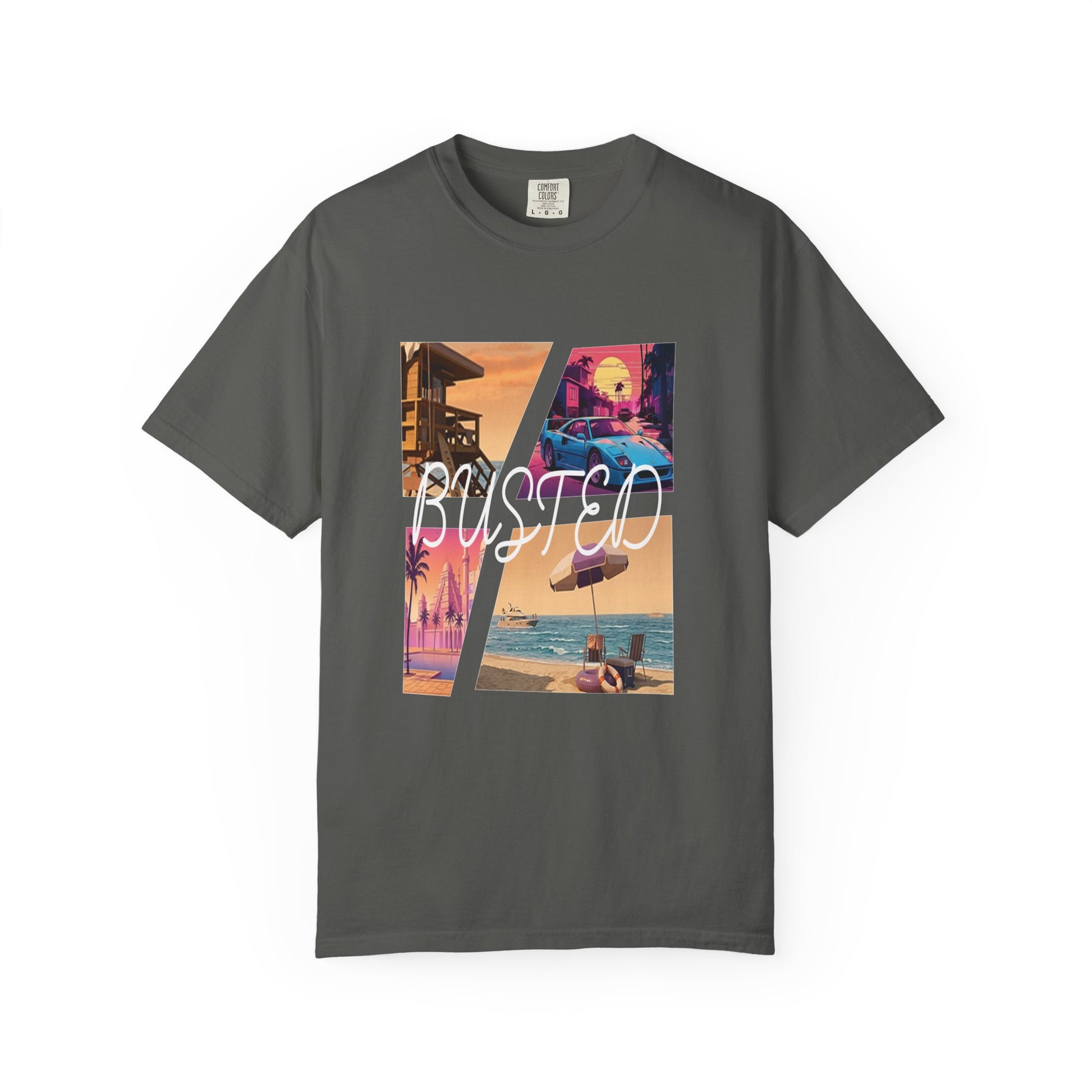 Busted neon beach collage graphic tee in garment dyed cotton