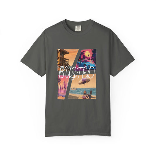 Busted neon beach collage graphic tee in garment dyed cotton