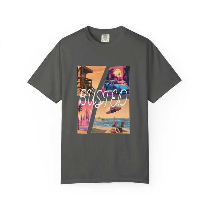 Busted neon beach collage graphic tee in garment dyed cotton