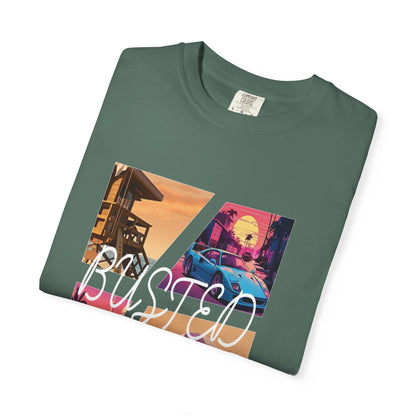 Busted neon cursive tee with retro gaming beach aesthetic graphic