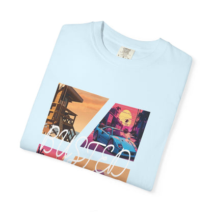 Busted printed tee inspired by GTA Vice City neon beach aesthetic
