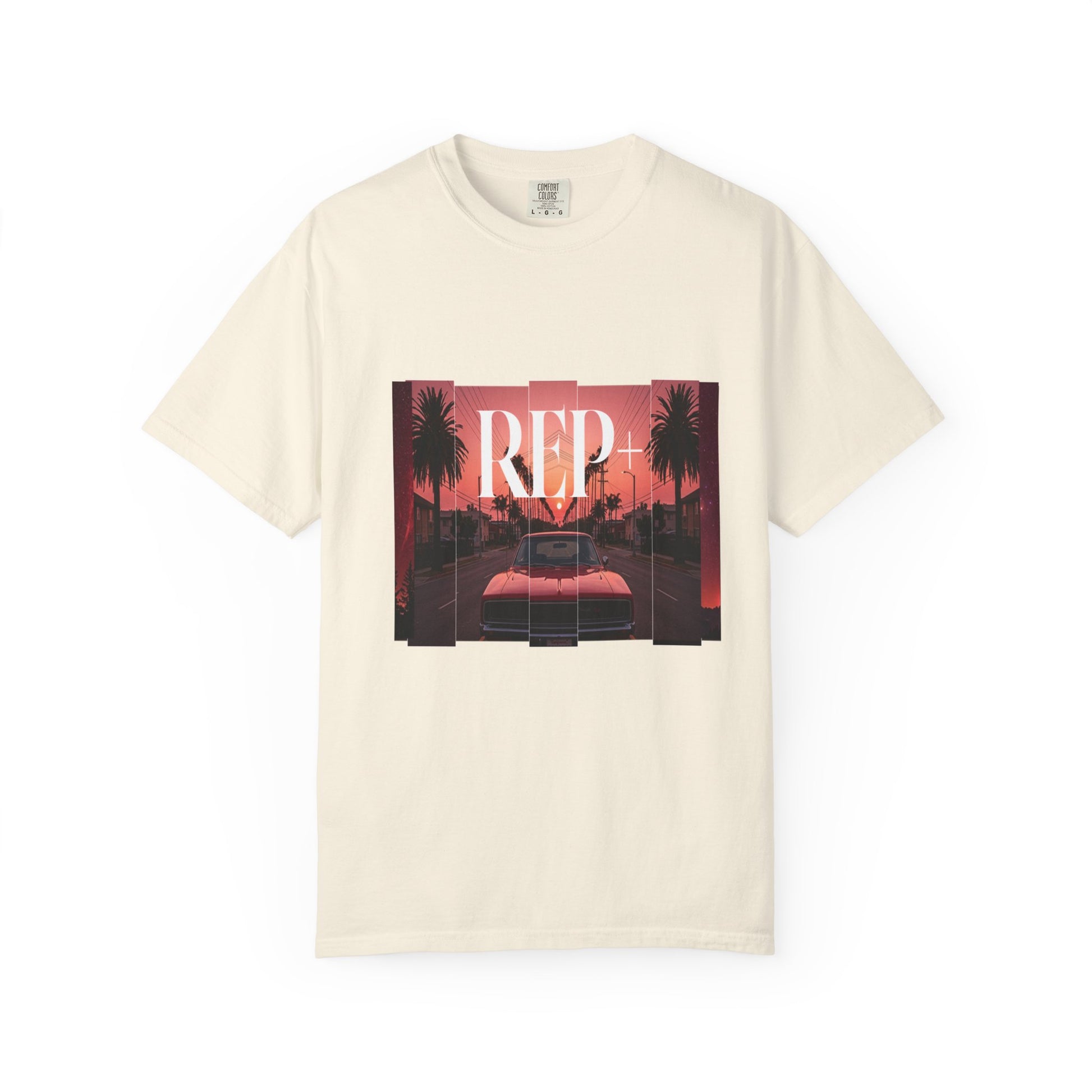 Busted printed tee neon beach collage graphic front view heavyweight cotton
