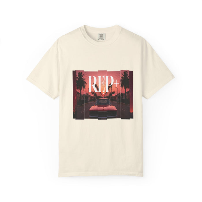 Busted printed tee neon beach collage graphic front view heavyweight cotton
