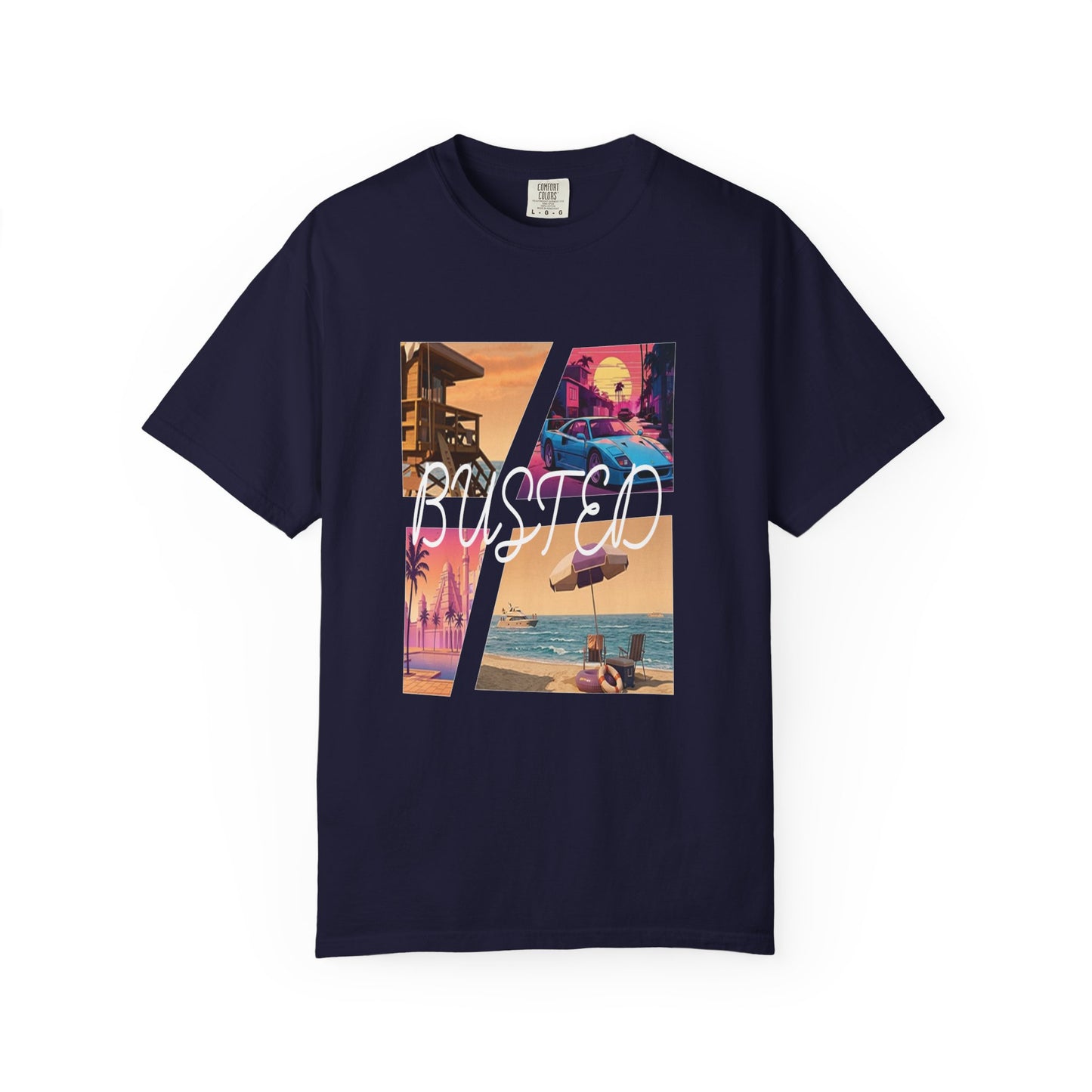 Busted printed unisex tee with four panel beach collage design