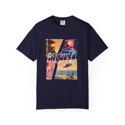 Busted printed unisex tee with four panel beach collage design
